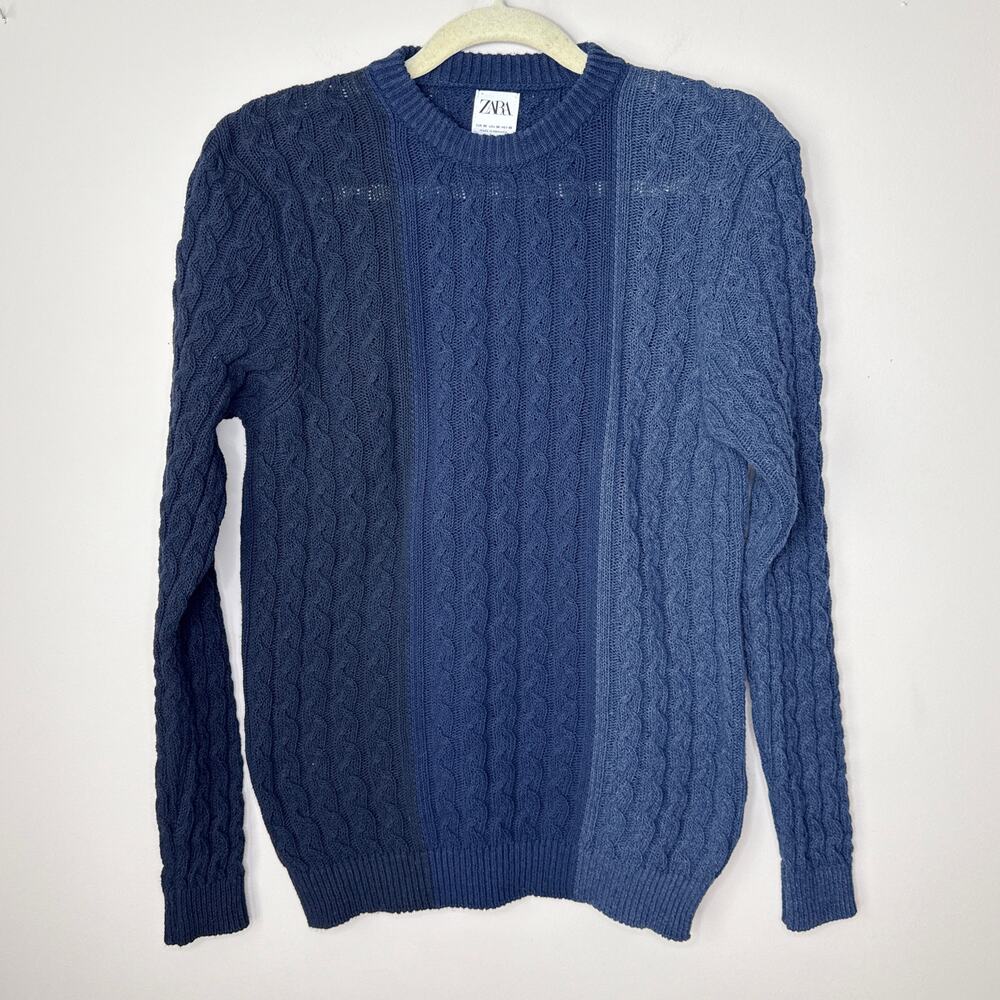 Zara Women's Medium Tri-Colored Navy Blue Cable Knit Sweater Crew Neck Cotton